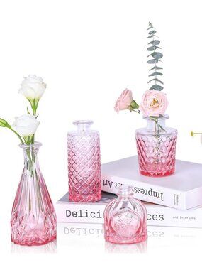 UPBUD Mini Clear & Pink/Red Glass Bud Vases - Set of 5 - NEW